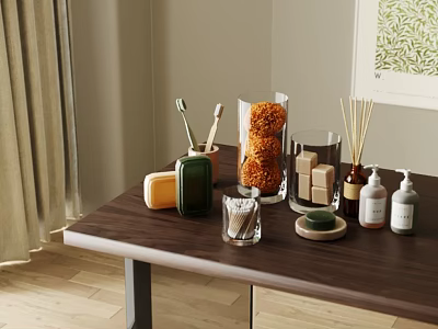 Stylish Bathroom Accessories with Toothbrushes Orange Loofah Soap Bars and Aromatherapy Sticks on Wooden Table 3d model
