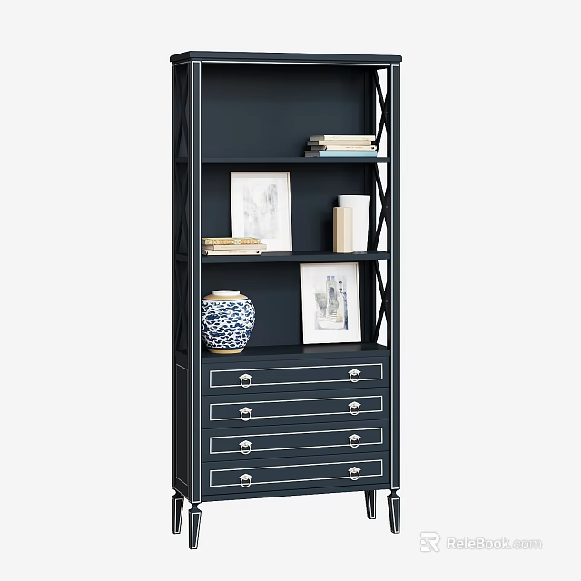 Modern Dark Shelf Cabinet With Metal Frame Multiple Shelves Drawers Picture Frames Vase And Books 3d model 