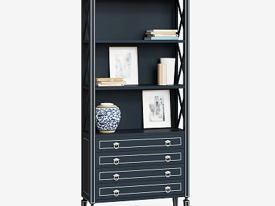 Modern Dark Shelf Cabinet With Metal Frame Multiple Shelves Drawers Picture Frames Vase And Books 3d model
