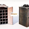 Vintage Wooden Cabinet With Open Door And Grid Compartment Shelves
