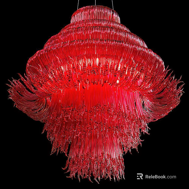 Vibrant Red Glass Chandelier With Decorative Fringe Design For Modern Interior Lighting 3d model 