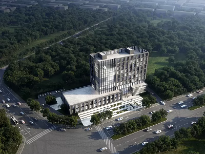 Modern Multi Storey Office Building With Glass Facade And Green Tree Surroundings 3d model
