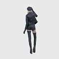 Fashionable woman in black leather jacket adjusting hat with knee high boots and gloves