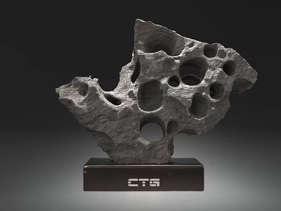 Gray Irregular Stone Sculpture with Multiple Holes on Black ETS Base 3d model