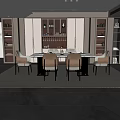 Elegant Restaurant Interior with Dining Table Chairs Wine Cabinet Bookshelf and Cozy Lighting