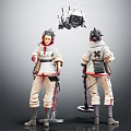 Two Characters In White Beige Uniforms With Mechanical Creature Flying Device 3d model