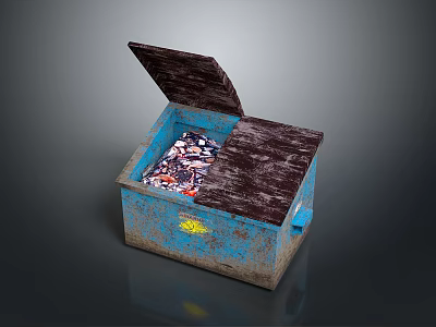 Blue Storage Box With Open Lid Worn Surface And Inside Items 3d model