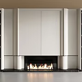 Modern Fireplace Interior With White Panel Black Shelves Decorative Items And Flames 3d model