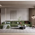 Modern Living Room With Green Sofa Pillows Black Coffee Table Floor Lamp And Rug
