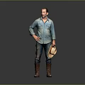 Man In Blue Shirt Jeans And Brown Boots Holding Hat Standing Pose
