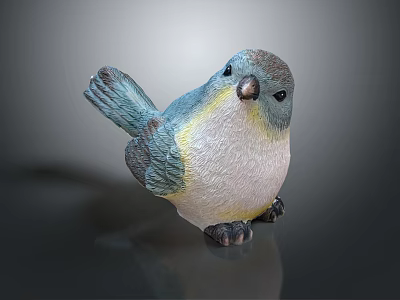 Decorative Bird Figurine With Blue Yellow White Feathers Standing On Smooth Surface Against Gray Background 3d model