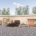 Outdoor Industrial Equipment Display With Wooden Frames Firewood Stacks And Clay Pots