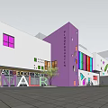 Modern School Building With White And Purple Facade Geometric Windows Open Plaza And Green Trees