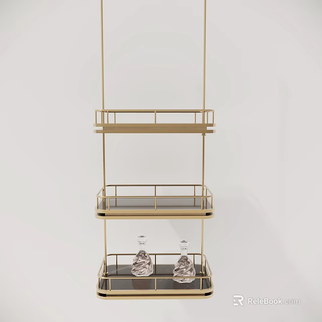 Golden Three Tiered Shelf with Metal Railings and Transparent Patterned Bottles on Bottom Two Tiers 3d model 