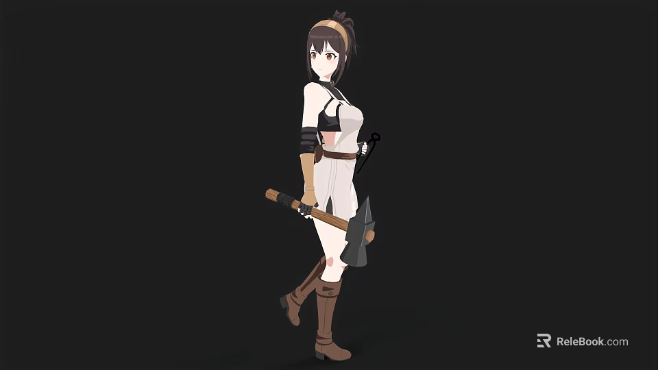 Anime Style Woman In White Dress With Brown Boots Headband And Belt Holding Axe 3d model 