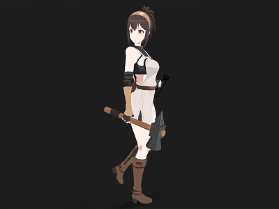Anime Style Woman In White Dress With Brown Boots Headband And Belt Holding Axe 3d model