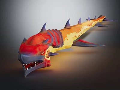 3D Fantasy Creature Model With Red Yellow Spikes And Sharp Teeth 3d model