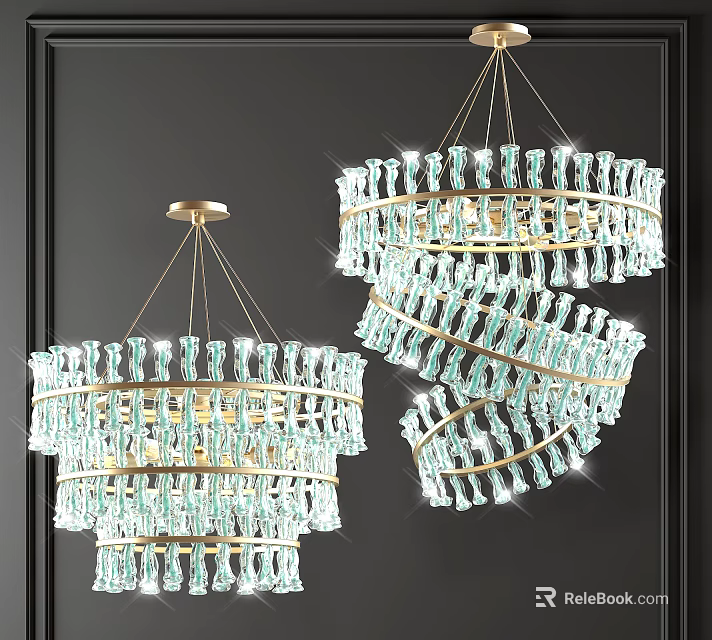 Elegant Modern Blue Crystal Chandeliers With Gold Frame And Spiral Design 3d model 