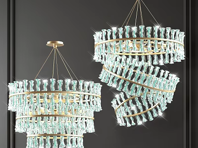 Elegant Modern Blue Crystal Chandeliers With Gold Frame And Spiral Design 3d model