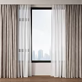Beige Curtains With White Sheer Panels And City Skyline View From Window