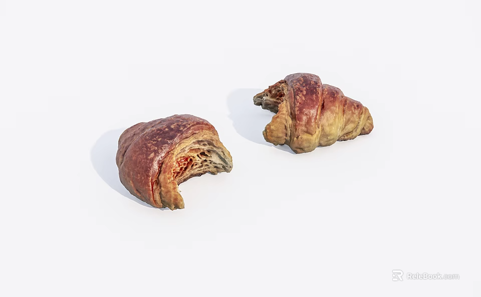 Two Freshly Baked Bitten Croissants With Golden Crust And Flaky Layers 3d model 