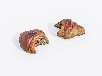 Two Freshly Baked Bitten Croissants With Golden Crust And Flaky Layers 3d model