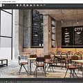 Modern Café Interior With Large Windows Concrete Walls Blackboard Menu And Wooden Furniture