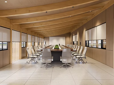 Modern Conference Room Interior With Wooden Ceiling Long Meeting Table Chairs And Window Blinds 3d model