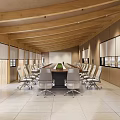 Modern Conference Room Interior With Wooden Ceiling Long Meeting Table Chairs And Window Blinds