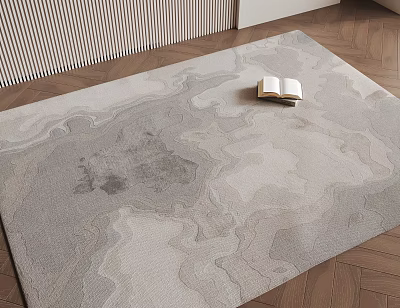 Modern Square Rug With Abstract Gray Beige Pattern And Open Book On Wooden Floor 3d model