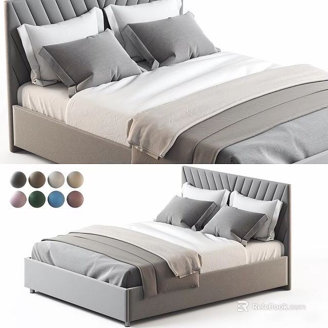 Modern Double Bed With Upholstered Headboard Neutral Bedding And Color Options 3d model