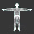 Man In Blue Long Sleeve Shirt Gray Pants White Shoes With Arms Outstretched Dark Background