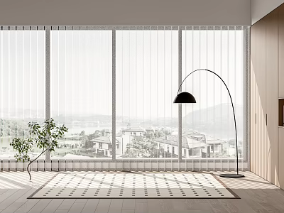 Bright Room Interior With Large Window Blinds Floor Lamp Small Plant And Patterned Rug 3d model