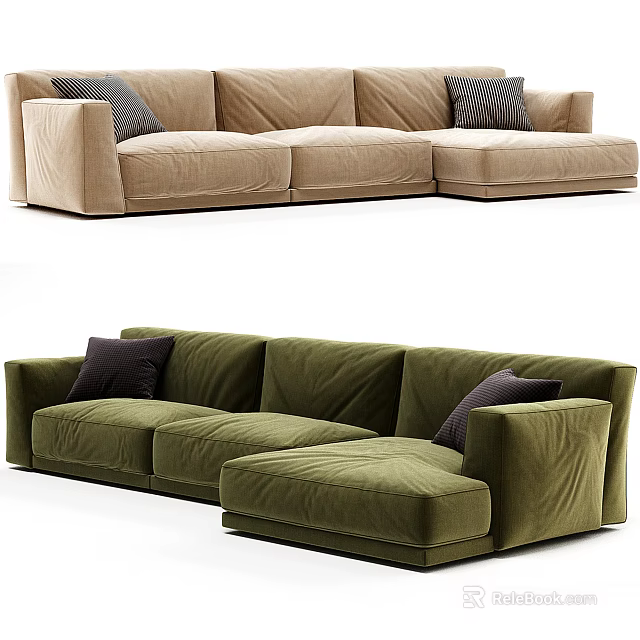 Comfortable Beige And Green Fabric Sectional Sofa With L Shaped Design And Decorative Pillows 3d model 
