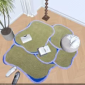 Stylish Shaped Green Rug with Blue Purple Edges and White Pouf Books on Wooden Floor