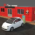 Red Container Shop Building With Solar Panels Charging Stations Car And Scooter