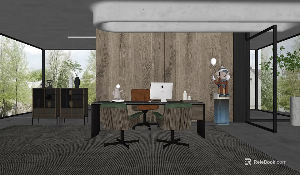 Modern Office Interior With Wooden Wall Desk Computer Chairs And Natural Light 3d model 