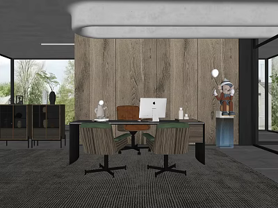 Modern Office Interior With Wooden Wall Desk Computer Chairs And Natural Light 3d model