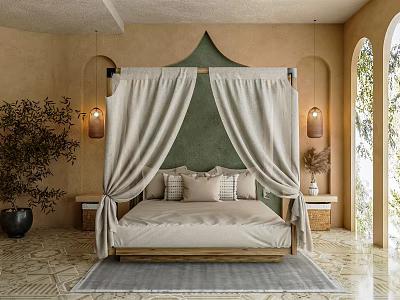 Hotel Guest Room Featuring Canopy Bed Beige Drapes Green Accent Wall And Hanging Lanterns 3d model
