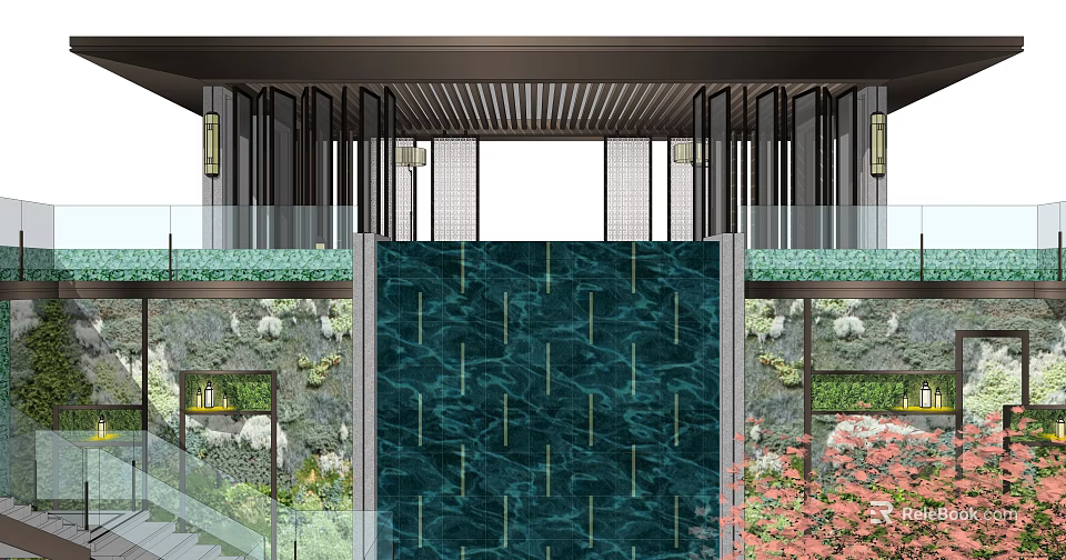 Modern Pergola Design With Metal Frame Grille Ceiling And Waterfall Wall 3d model 