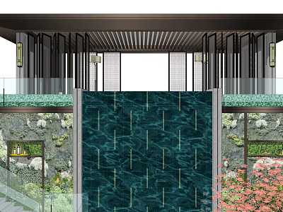 Modern Pergola Design With Metal Frame Grille Ceiling And Waterfall Wall 3d model