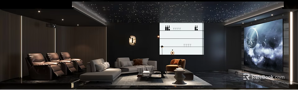 Modern Home Theater Room With Starlit Ceiling Large Screen Comfortable Sofas And Floor Lamp 3d model 