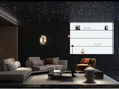 Modern Home Theater Room With Starlit Ceiling Large Screen Comfortable Sofas And Floor Lamp 3d model