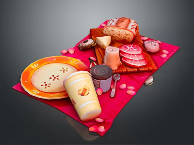 Delicious Food Platter With Bread Cheese Sliced Meat Donut Coffee Cup On Pink Cloth 3d model