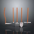 Five Piece Garden Tool Set With Orange Handles And Metal Heads On Dark Surface