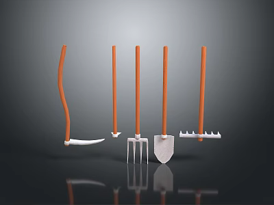 Five Piece Garden Tool Set With Orange Handles And Metal Heads On Dark Surface 3d model