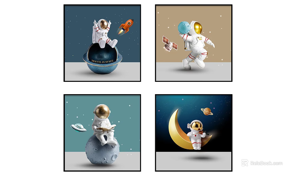 Creative Astronaut Decorative Figures With Earth Rocket Moon And Planets Design 3d model