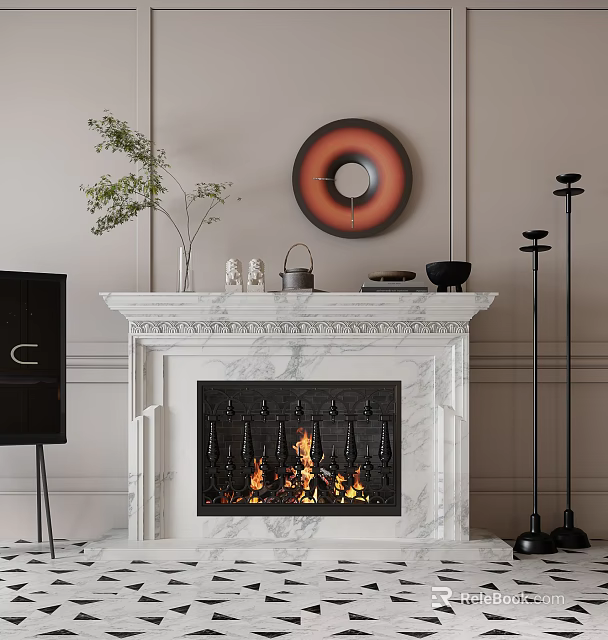 Marble Fireplace In Modern Living Space With Decor 3d model