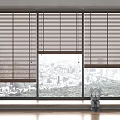 Brown Wooden Blinds Covering Large Window With City View And Toy Figure On Floor