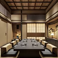 Traditional Japanese Private Room Interior With Wooden Ceiling Tatami Seating And Screen Painting